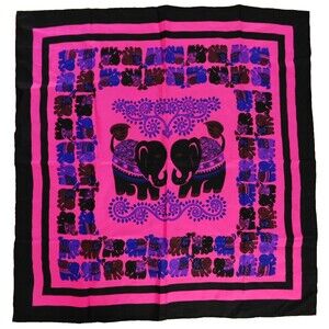 Thai Silk Scarf Elephant 34"x35 Vibrant Pink Black, Hand Rolled, Nubby Bohemian